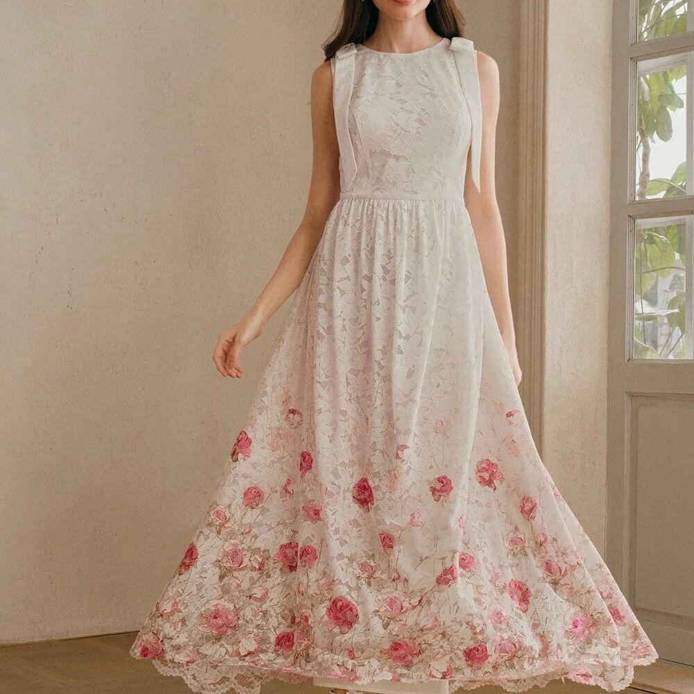 Pink Elegant Women's Lace Print Sleeveless Tie-Waist Dress